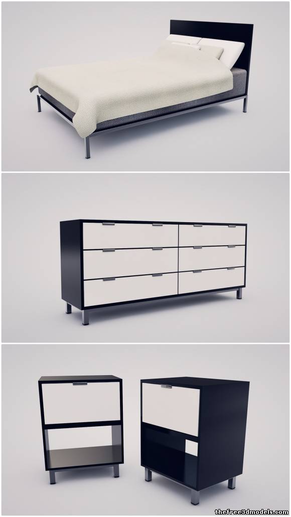 Free Bed, Dresser, Night Cabinets Cinema 4D Models