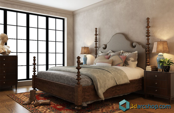 Free 3D Wooden Bedroom Scene